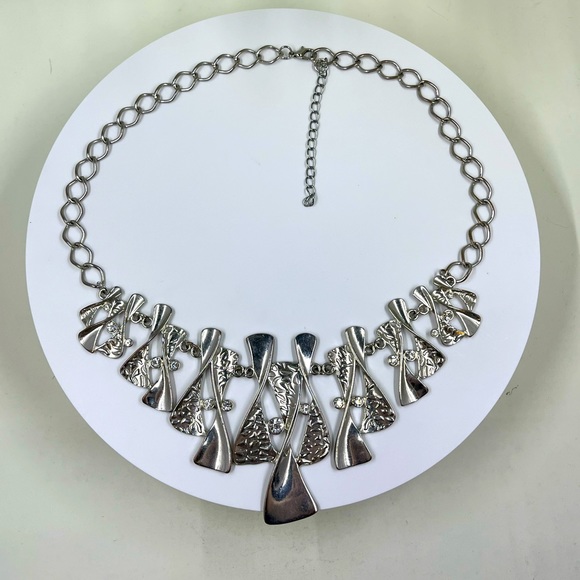 Abstract Art Deco Statement Necklace with White Crystal Accents - Picture 5 of 6